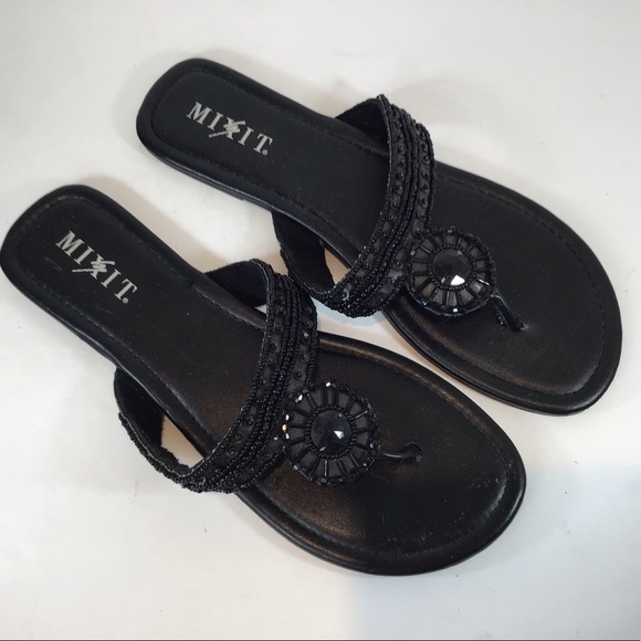 MEXIT BLACK BEADED EMBELLISHED T STRAP SANDALS SZ 9 - Picture 2 of 10